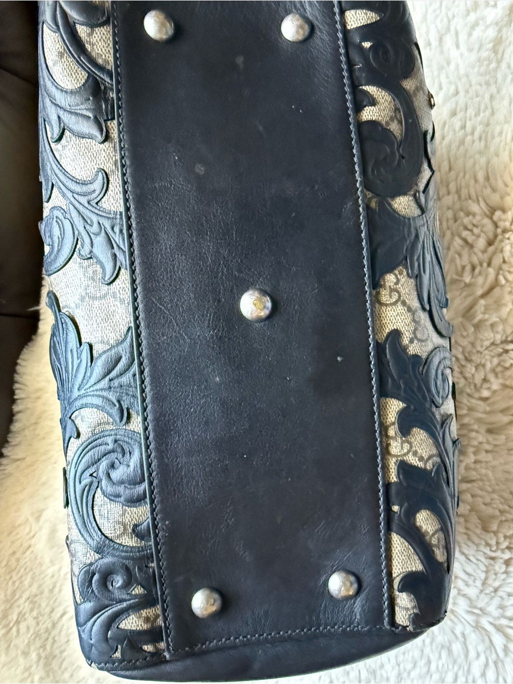 Gucci Preloved Black GG Supreme Arabesque Tooled Floral Leather Accent Satchel - Picture 7 of 17